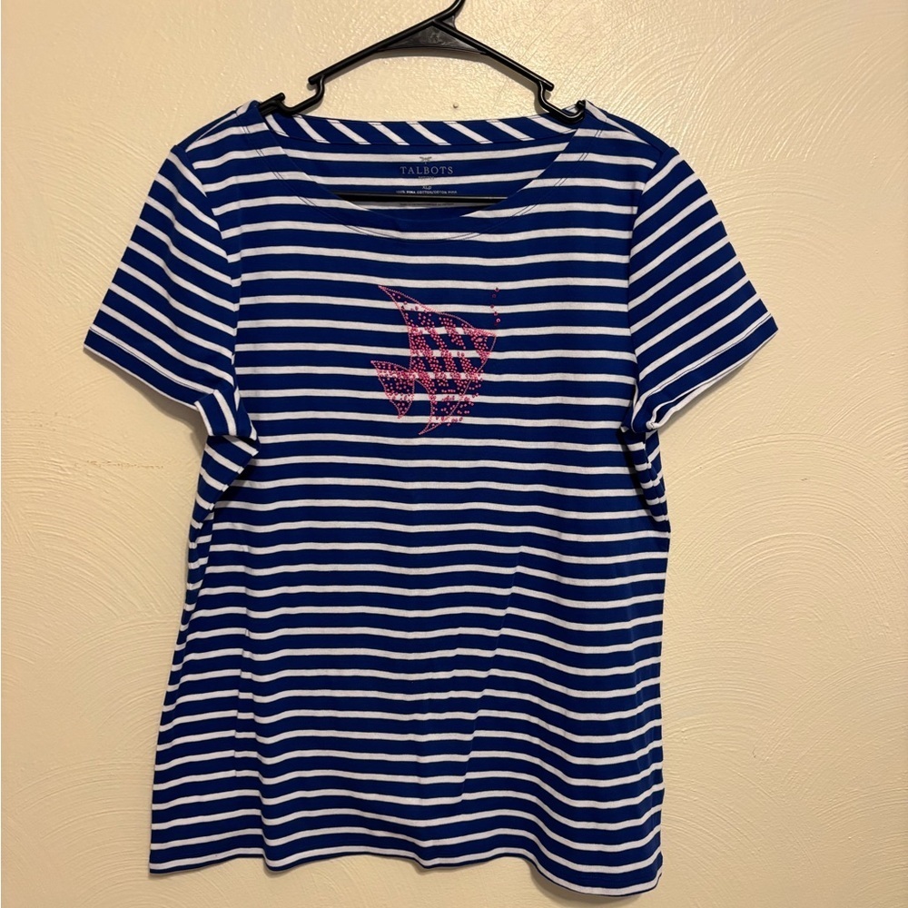 Talbots Navy and White Striped Short Sleeve Tee with Pink Fish Graphic